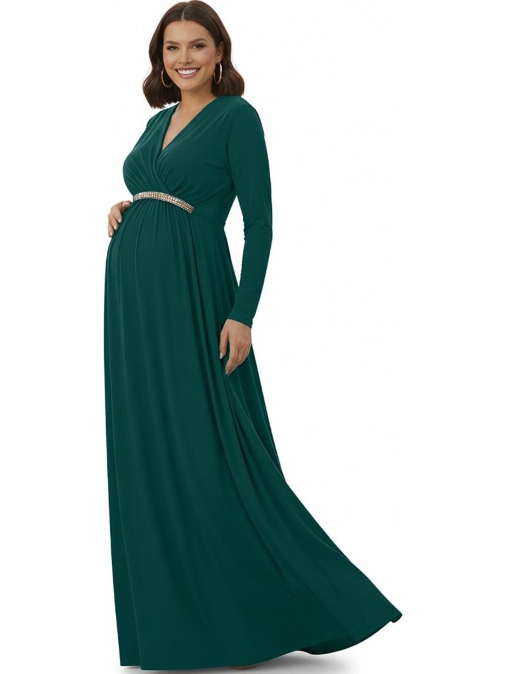 Chic Maternity Long Sleeve V-Neck Flowy Winter Maxi Dress Gown for Moms